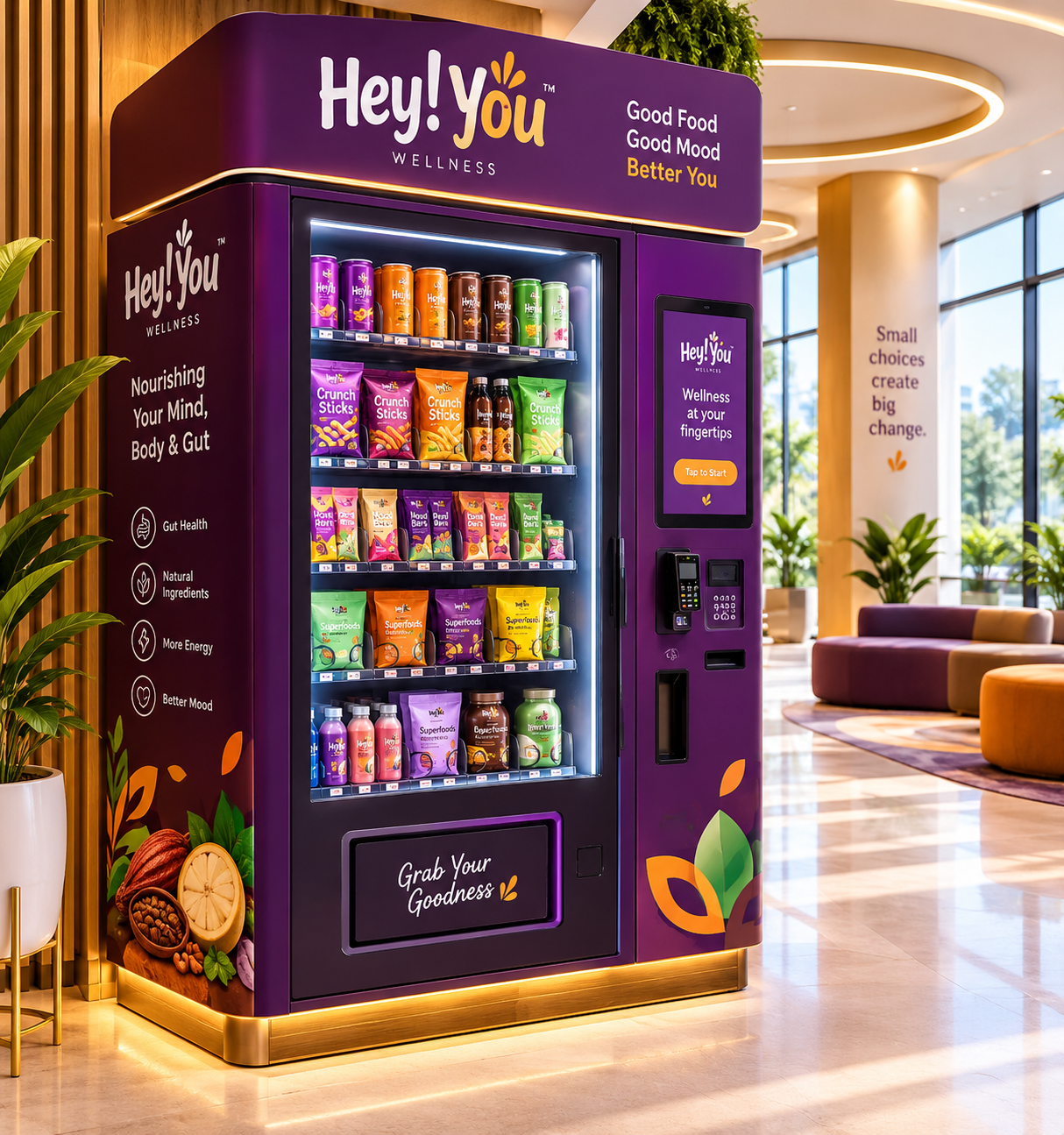 Hey! You Wellness vending machine stocked with drinks, snacks and superfoods