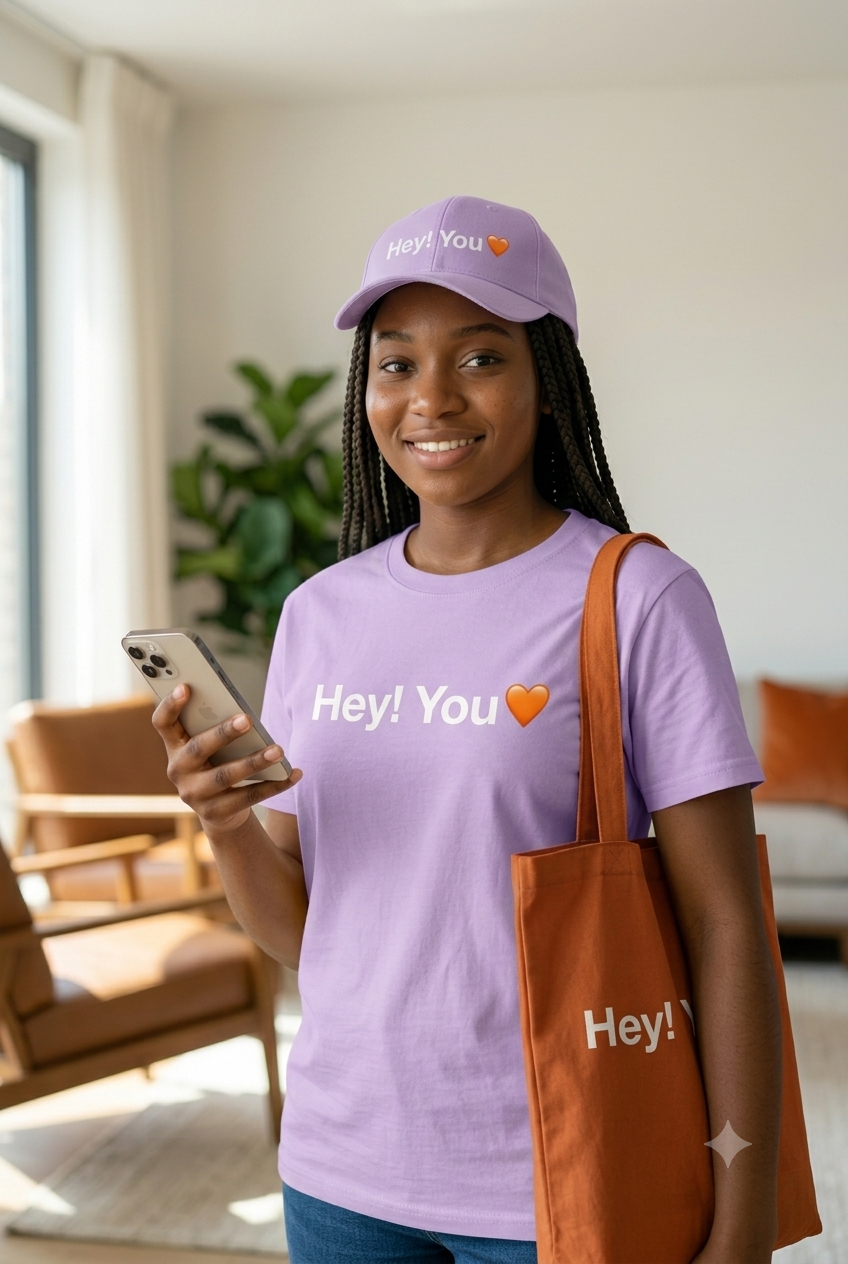 Hey! You model wearing purple branded clothing and carrying an orange branded tote