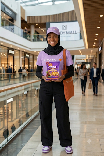 Hey! You model wearing a hijab and holding a packet of Crunch Sticks in a shopping centre