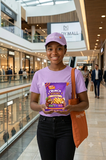Hey! You model holding a packet of Crunch Sticks in a shopping centre