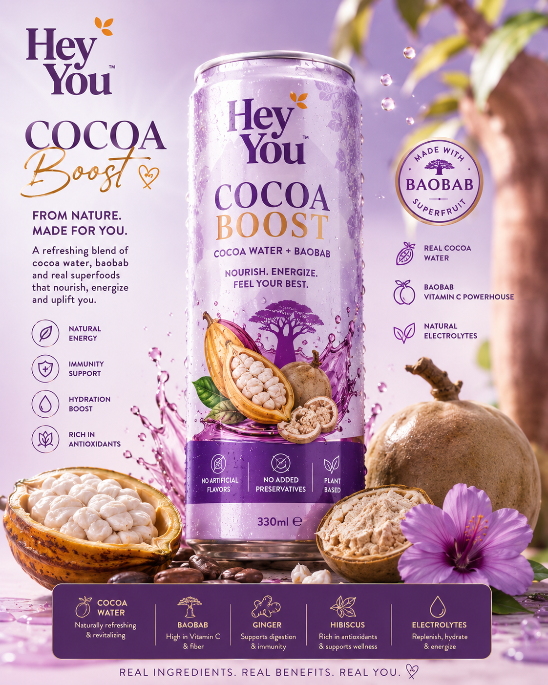 Hey! You Cocoa Boost can — a cocoa water and baobab drink