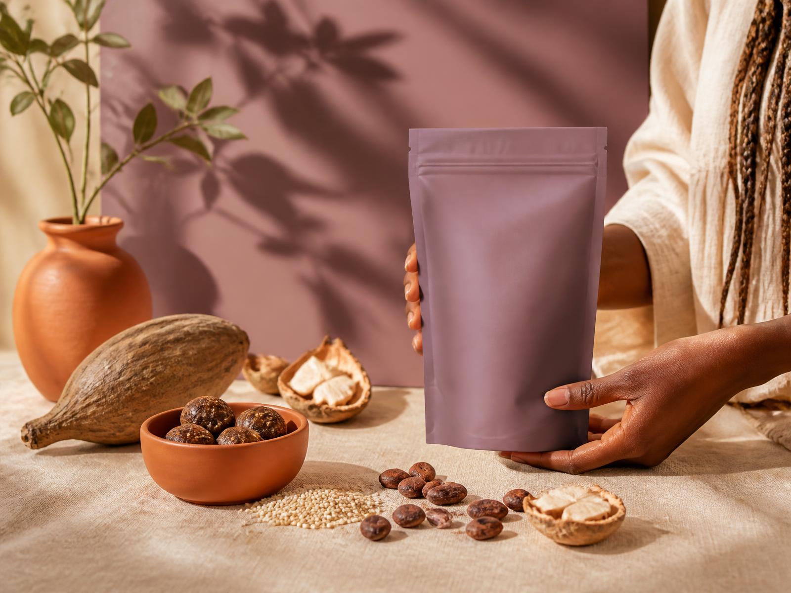 Hands holding a mauve pouch of African superfoods beside cocoa pods, baobab and millet