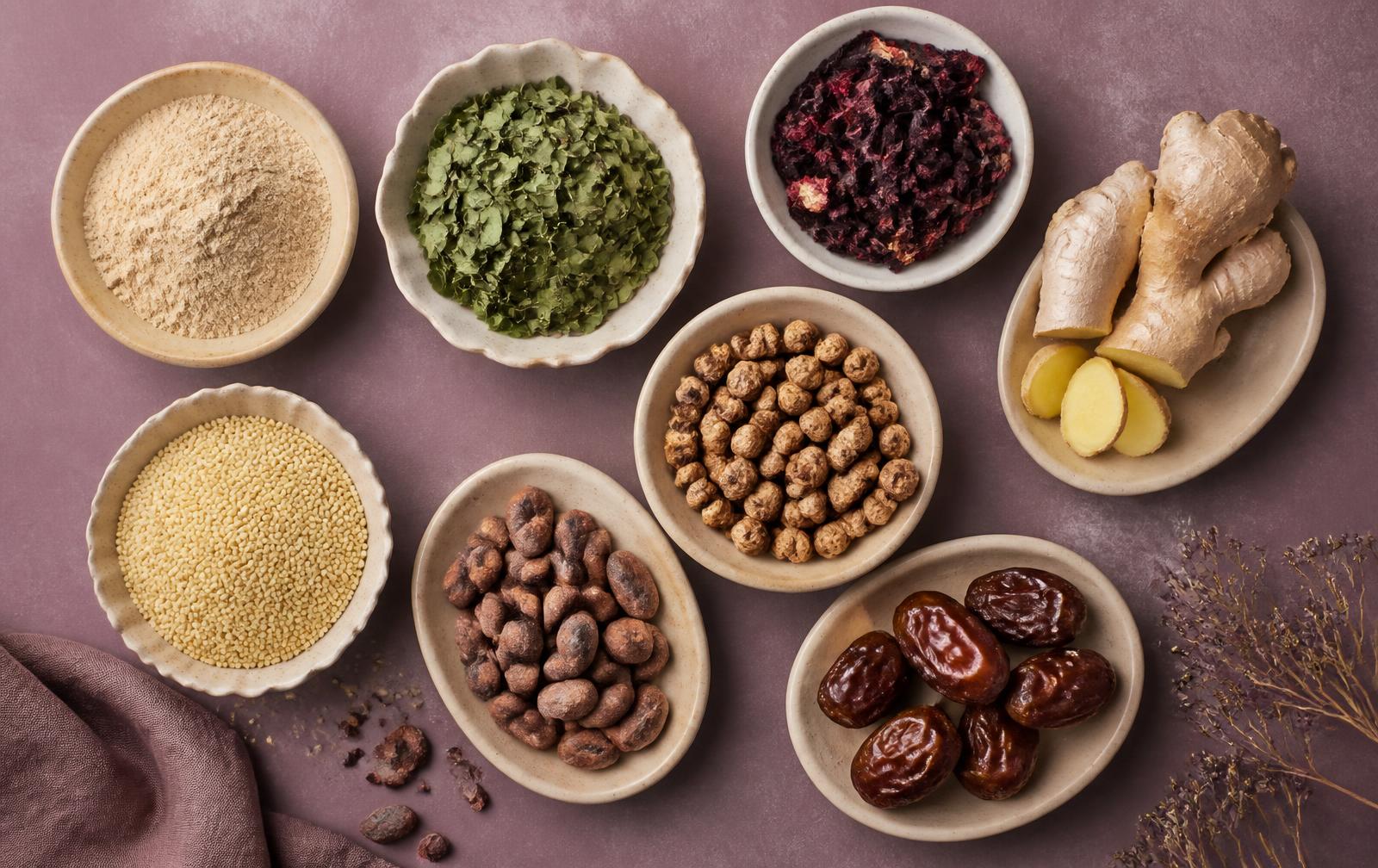 Baobab, moringa, hibiscus, millet, tiger nuts, cocoa, dates and ginger in cream bowls